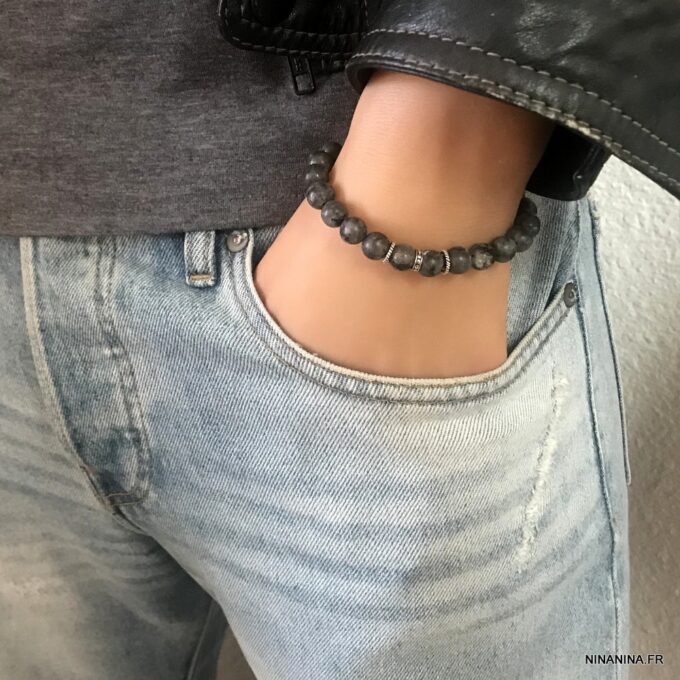 N6851e Bracelet Labradorite homme ou femme pierre grise mat - Bijoux Bracelets hommes en ligne Ninanina
