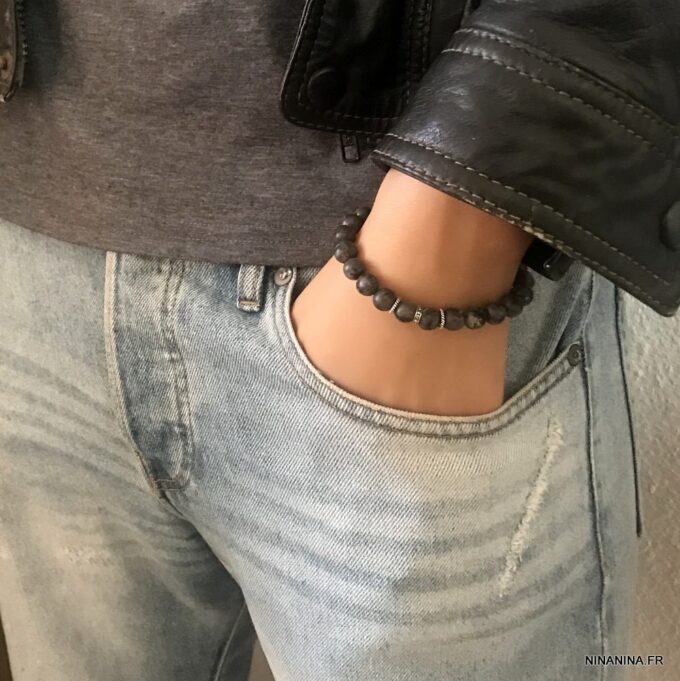 N6851h Bracelet Labradorite homme ou femme pierre grise mat - Bijoux Bracelets hommes en ligne Ninanina