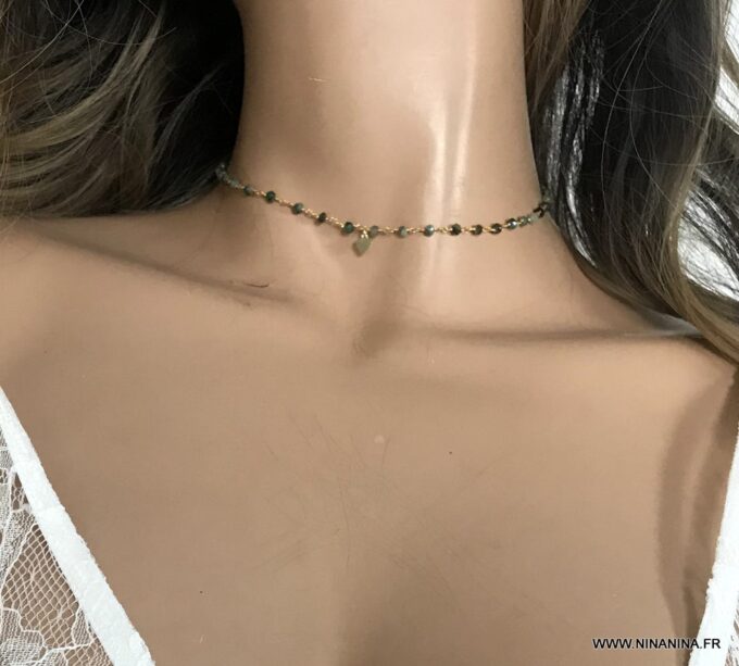 N6858 Collier ras de cou emeraude femme pierre de naissance mai - Bijoux Colliers en ligne Ninanina