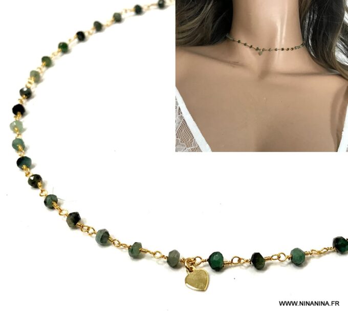 N6858a Collier ras de cou emeraude femme pierre de naissance mai - Bijoux Colliers en ligne Ninanina
