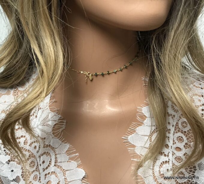 N6858a Collier ras de cou emeraude pierre de naissance mai femme - Bijoux Colliers en ligne Ninanina