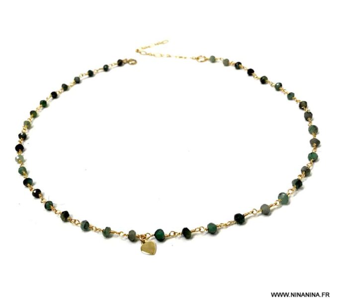 N6858c Collier ras de cou emeraude femme pierre de naissance mai - Bijoux Colliers en ligne Ninanina
