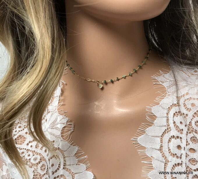 N6858c Collier ras de cou emeraude pierre de naissance mai femme - Bijoux Colliers en ligne Ninanina