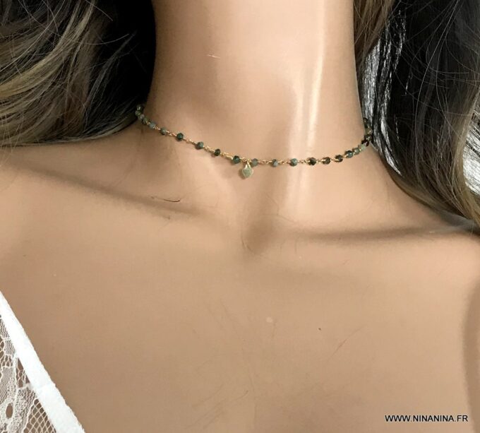 N6858d Collier ras de cou emeraude femme pierre de naissance mai - Bijoux Colliers en ligne Ninanina