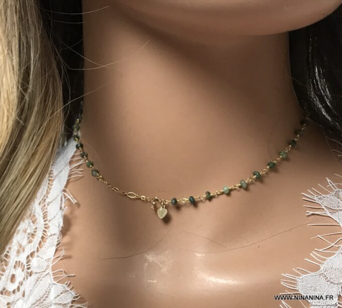 N6858e Collier ras de cou emeraude pierre de naissance mai femme - Bijoux Colliers en ligne Ninanina