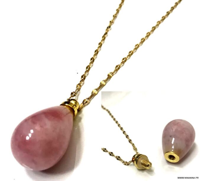 N6860b Sautoir parfum rose acier doré pendentif forme goutte - Bijoux Colliers en ligne Ninanina