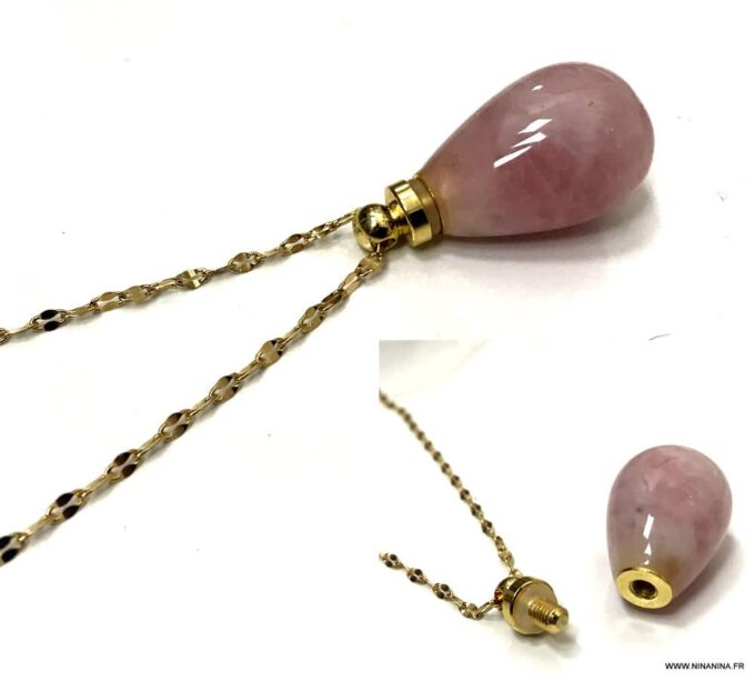 N6860d Sautoir parfum rose acier doré pendentif forme goutte - Bijoux Colliers en ligne Ninanina