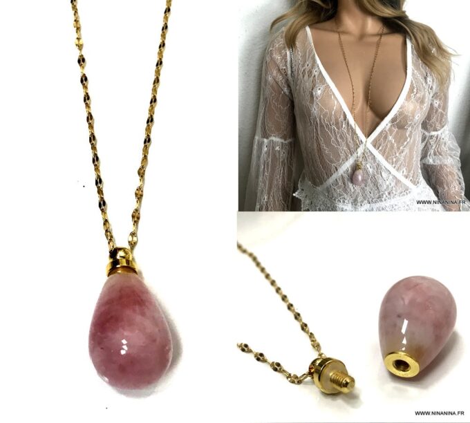 N6860h Sautoir parfum rose acier doré pendentif forme goutte - Bijoux Colliers en ligne Ninanina