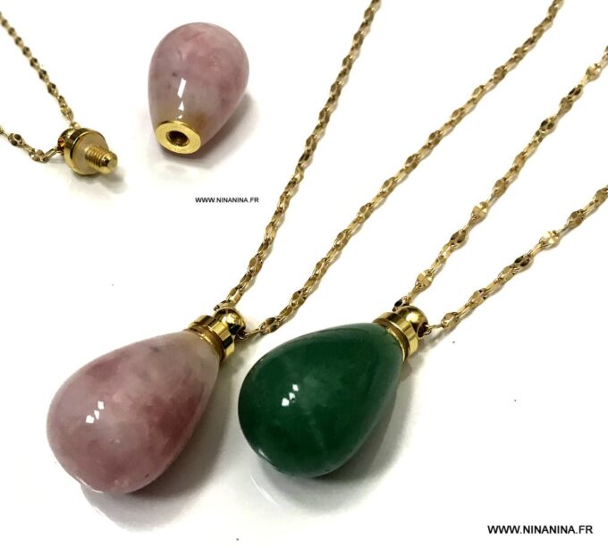 N6860j Sautoir parfum rose acier doré pendentif forme goutte - Bijoux Colliers en ligne Ninanina