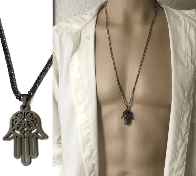 N6864 Collier avec la main de fatma homme Acier inoxydable argent - Bijoux Colliers en ligne Ninanina