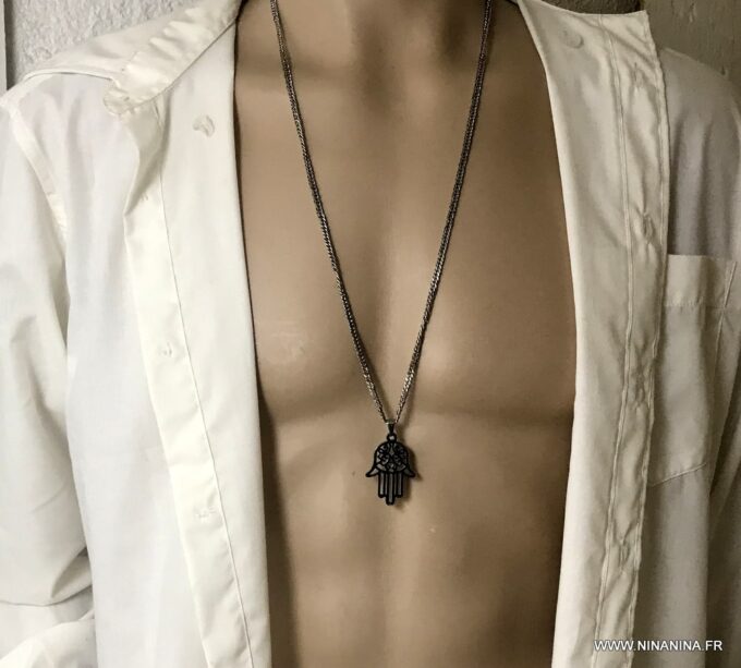N6864a Collier avec la main de fatma homme Acier inoxydable argent - Bijoux Colliers en ligne Ninanina