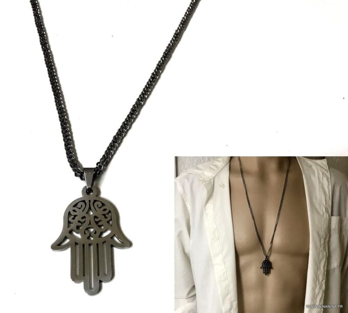 N6864b Collier avec la main de fatma homme Acier inoxydable argent - Bijoux Colliers en ligne Ninanina