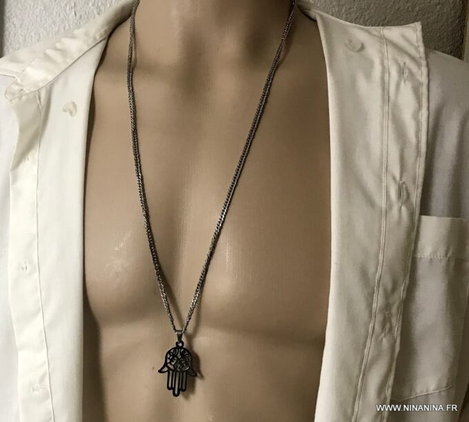 N6864c Collier avec la main de fatma homme Acier inoxydable argent - Bijoux Colliers en ligne Ninanina