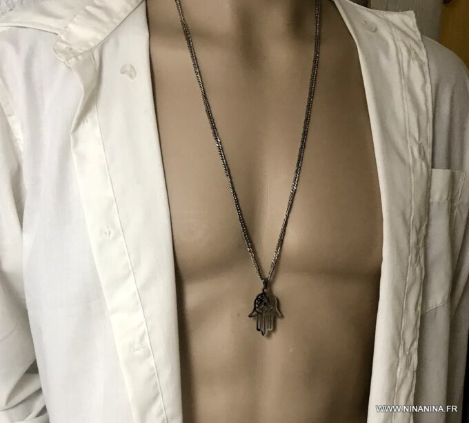 N6864d Collier avec la main de fatma homme Acier inoxydable argent - Bijoux Colliers en ligne Ninanina