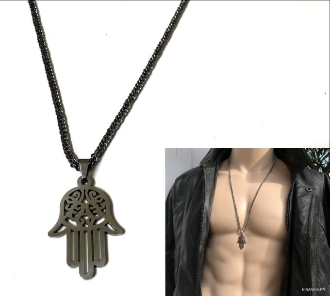 N6864F Collier avec la main de fatma homme Acier inoxydable argent - Bijoux Colliers en ligne Ninanina