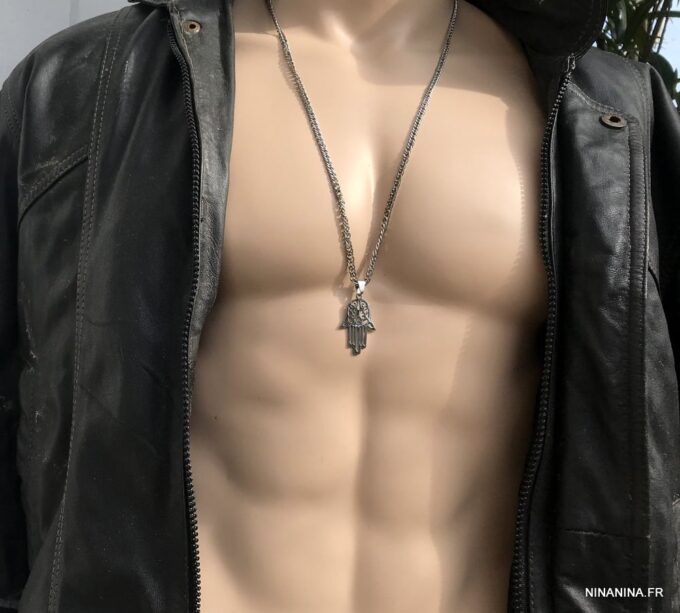 N6864H Collier avec la main de fatma homme Acier inoxydable argent - Bijoux Colliers en ligne Ninanina