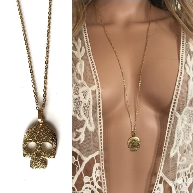 N6867g Collier tete de mort mexicaine acier inoxydable or - Bijoux Colliers en ligne Ninanina