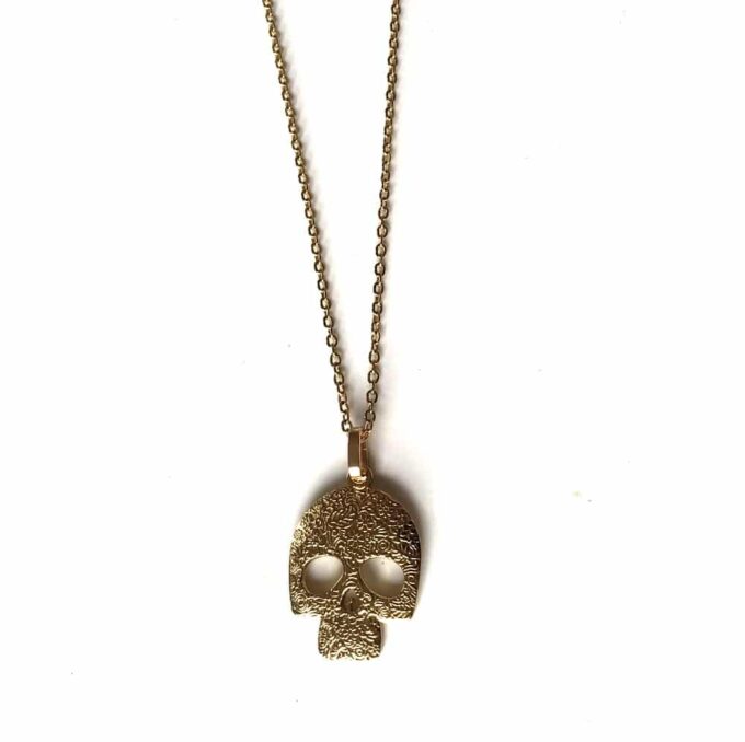 N6867k Collier tete de mort mexicaine acier inoxydable or - Bijoux Colliers en ligne Ninanina