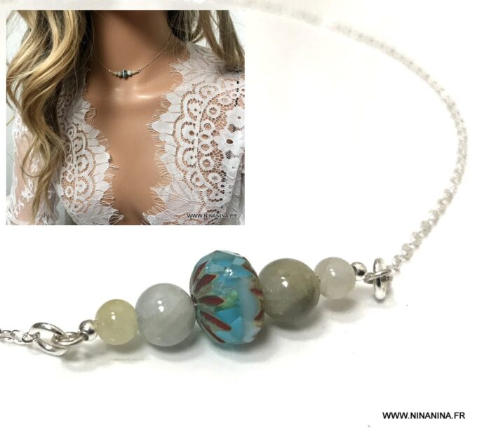 N6872 Collier Aigue marine et cristal de boheme argent 925 pour femme - Bijoux Colliers en ligne Ninanina
