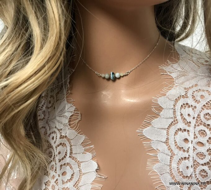 N6872a Collier Aigue marine et cristal de boheme argent 925 pour femme - Bijoux Colliers en ligne Ninanina