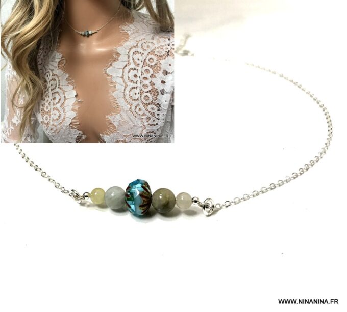 N6872b Collier Aigue marine et cristal de boheme argent 925 pour femme - Bijoux Colliers en ligne Ninanina