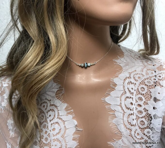 N6872c Collier Aigue marine et cristal de boheme argent 925 pour femme - Bijoux Colliers en ligne Ninanina
