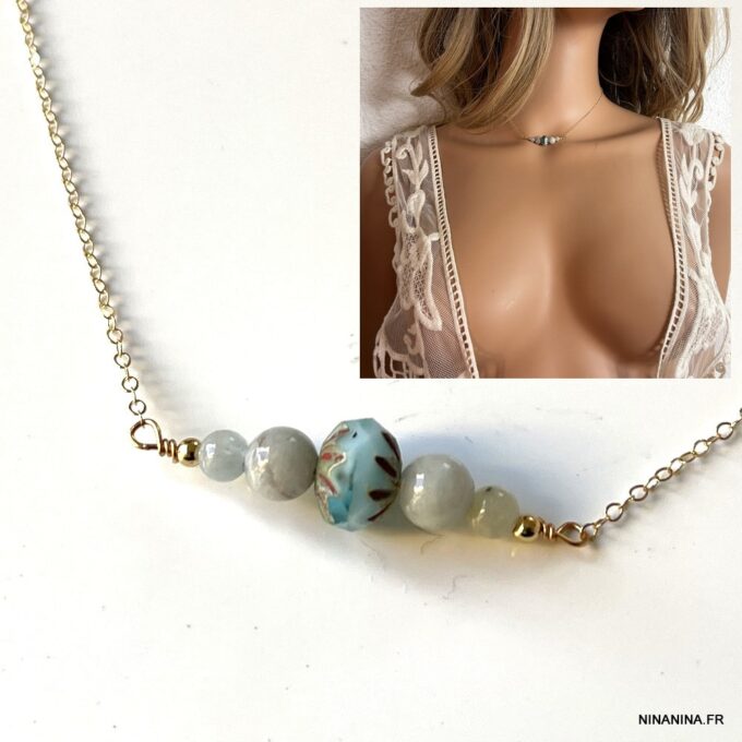 N6872j Collier Aigue marine et cristal de boheme argent 925 pour femme - Bijoux Colliers en ligne Ninanina