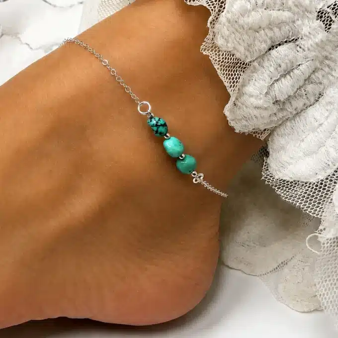 N6884 Chaine cheville argent et turquoise naturelle bleuvert femme - Bijoux de pieds femmes en ligne Ninanina