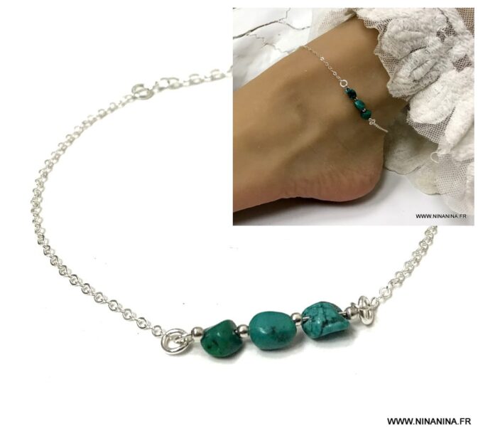 N6884a Chaine cheville argent et turquoise verte naturelle pour femme - Bijoux en ligne Ninanina