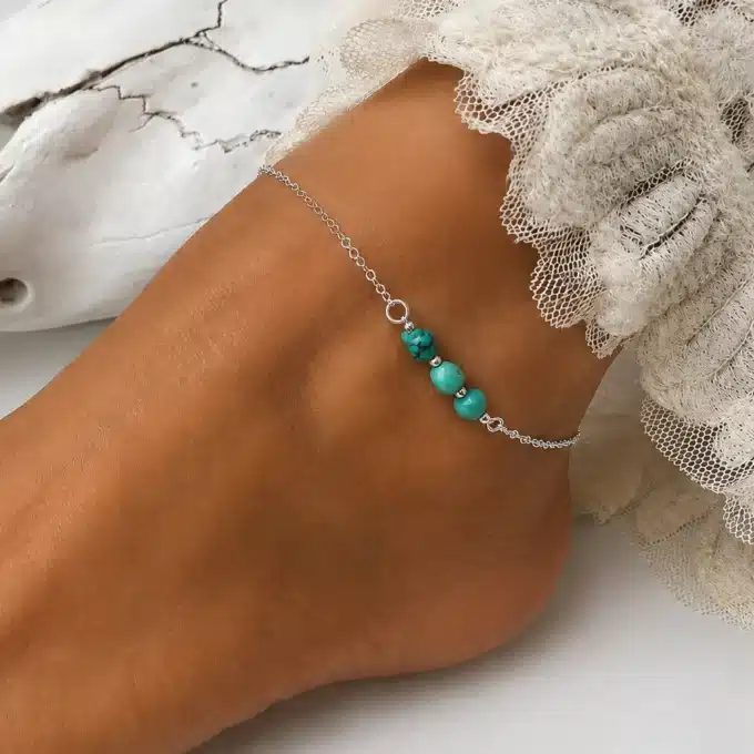 N6884b Chaine cheville argent et turquoise naturelle bleuvert femme - Bijoux de pieds femmes en ligne Ninanina
