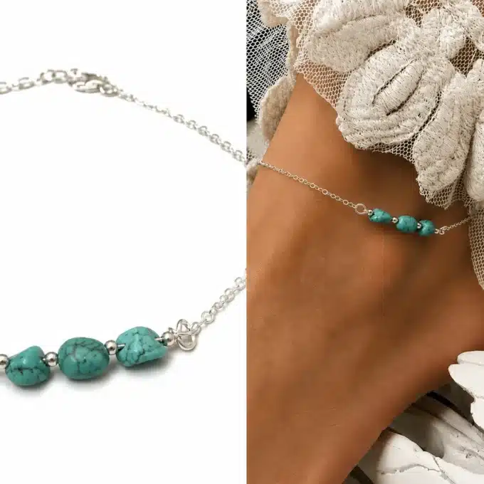 N6884c Chaine cheville argent et turquoise naturelle bleuvert femme - Bijoux de pieds femmes en ligne Ninanina