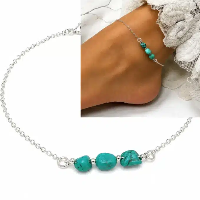 N6884d Chaine cheville argent et turquoise naturelle bleuvert femme - Bijoux de pieds femmes en ligne Ninanina