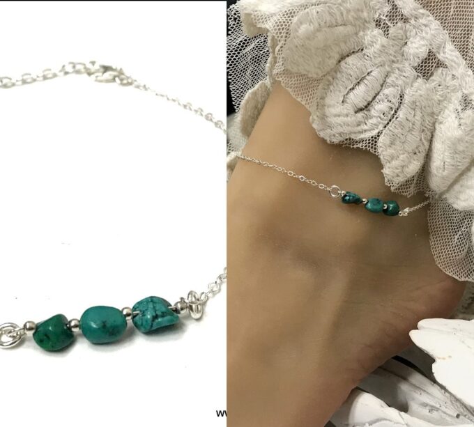 N6884e Chaine cheville argent et turquoise verte naturelle pour femme - Bijoux en ligne Ninanina