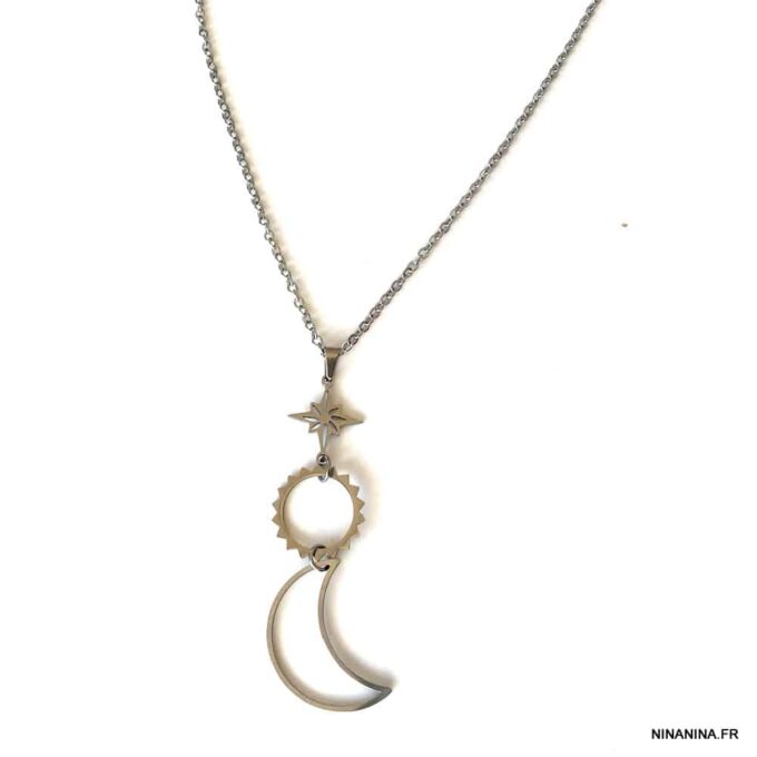 N6900f Collier lune soleil étoile acier inoxydable argent - Bijoux Colliers en ligne Ninanina