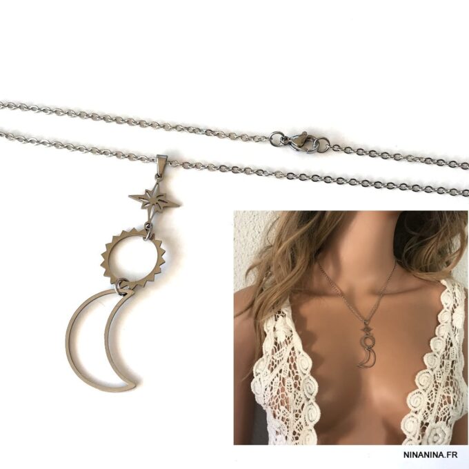 N6900h Collier lune soleil étoile acier inoxydable argent - Bijoux Colliers en ligne Ninanina