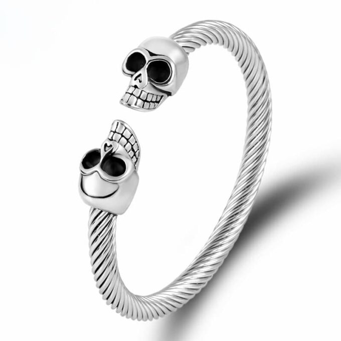 N6904 Bracelet homme tete de mort – jonc epais acier inoxydable tressé - Bijoux Bracelets en ligne Ninanina