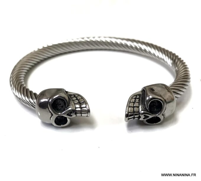 N6904 Bracelet homme tete de mort - jonc epais acier tressé - Bijoux Bracelets en ligne Ninanina