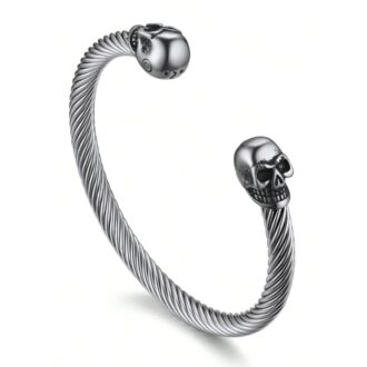 Détails du Bracelet homme tête de mort en jonc épais acier tressé avec deux boules aux extrémités sur fond blanc - Bijou robuste et élégant
