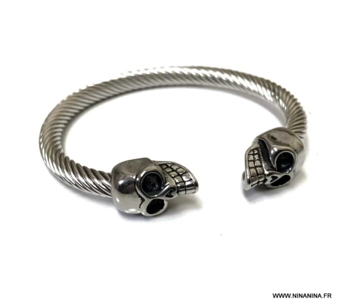 N6904b Bracelet homme tete de mort - jonc epais acier tressé - Bijoux Bracelets en ligne Ninanina