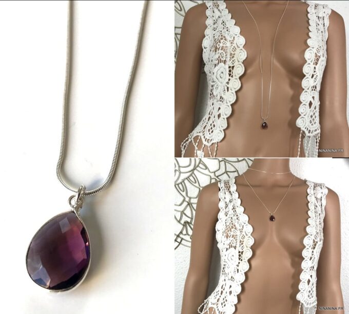 N6906 Sautoir amethyste argent femme pendentif goutte violet - Bijoux Colliers en ligne Ninanina
