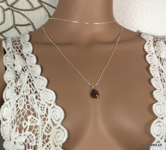 N6906b Sautoir amethyste argent femme pendentif goutte violet - Bijoux Colliers en ligne Ninanina