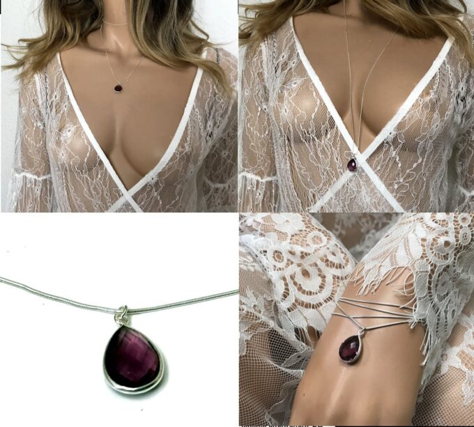 N6906b Sautoir amethyste argent femme pendentif goutte violet - Bijoux Colliers en ligne Ninanina