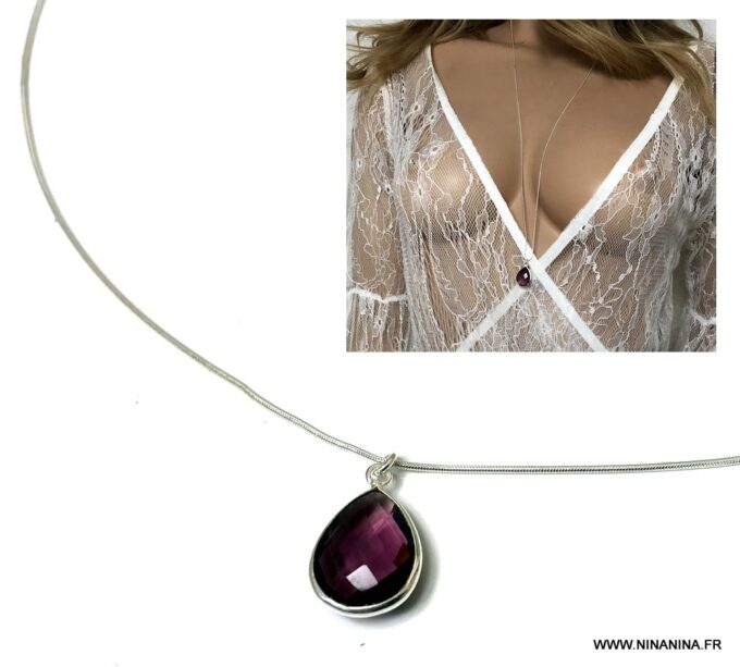 N6906d Sautoir amethyste argent femme pendentif goutte violet - Bijoux Colliers en ligne Ninanina