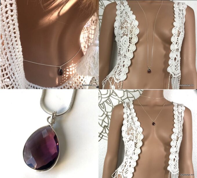 N6906e Sautoir amethyste argent femme pendentif goutte violet - Bijoux Colliers en ligne Ninanina