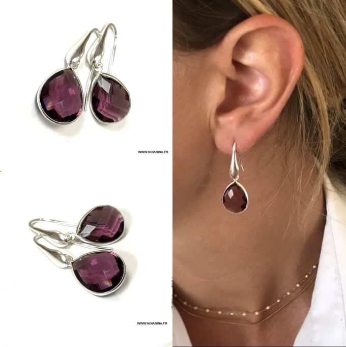 N6907g Boucles d'oreilles Améthyste Argent pierre de naissance février - Bijoux Boucles d oreilles en ligne Ninanina