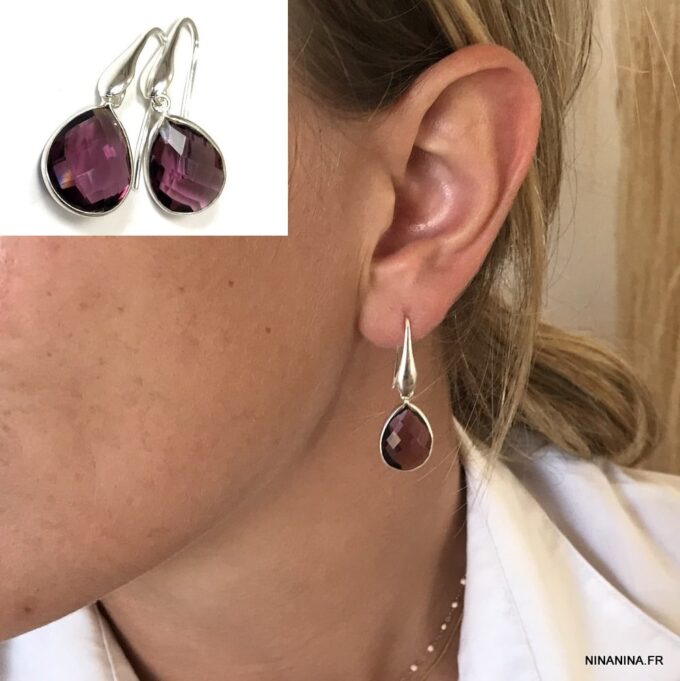 N6907i Boucles d'oreilles Améthyste Argent pierre de naissance février - Bijoux Boucles d oreilles en ligne Ninanina
