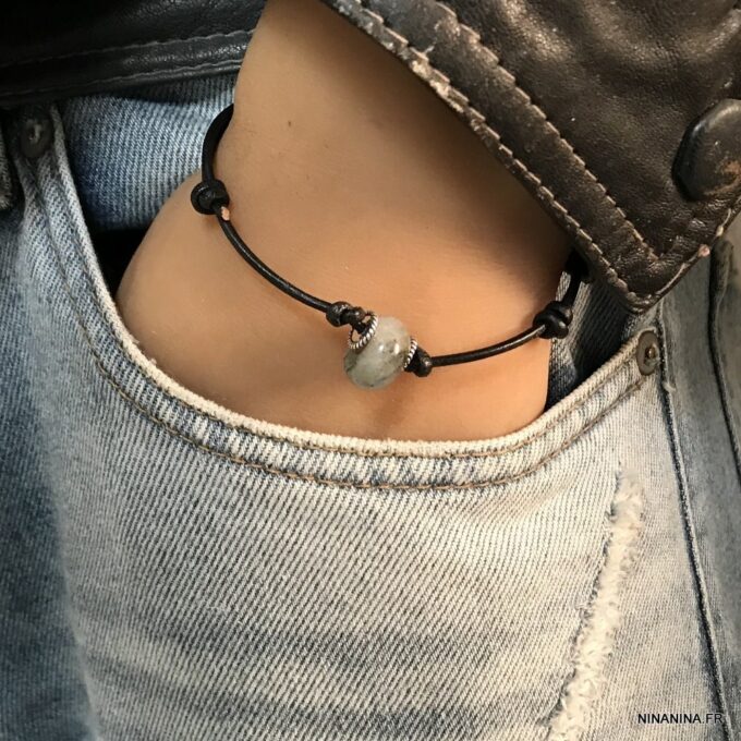 N6908f Bracelet homme Labradorite cordon cuir reglable - Bijoux Bracelets en ligne Ninanina