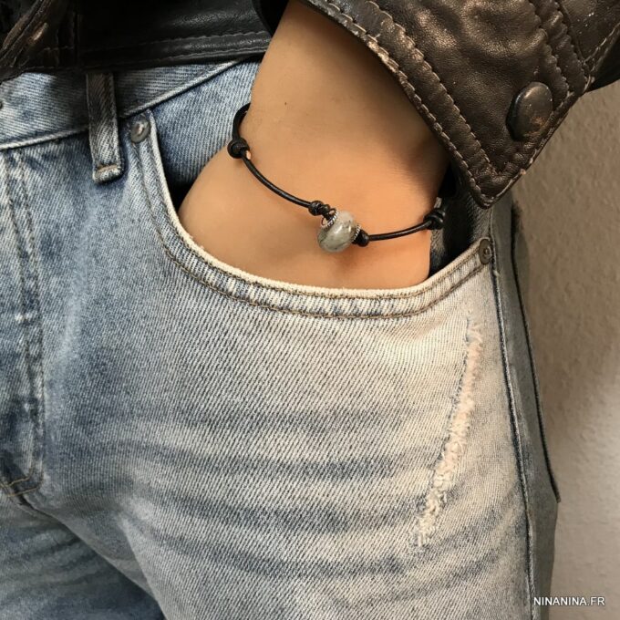 N6908g Bracelet homme Labradorite cordon cuir reglable - Bijoux Bracelets en ligne Ninanina