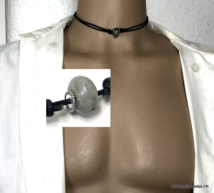 N6909a Collier Labradorite homme cordon cuir noir réglable - Bijoux Colliers en ligne Ninanina