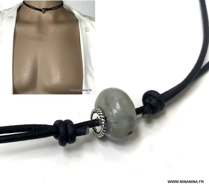 N6909b Collier Labradorite homme cordon cuir noir réglable - Bijoux Colliers en ligne Ninanina